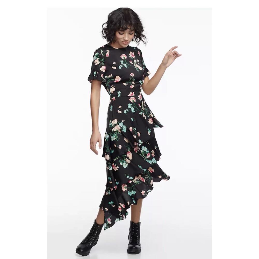 K / Lab Assymetrical Black Floral Dress Ruffle Boho Sz M Side Ruffle